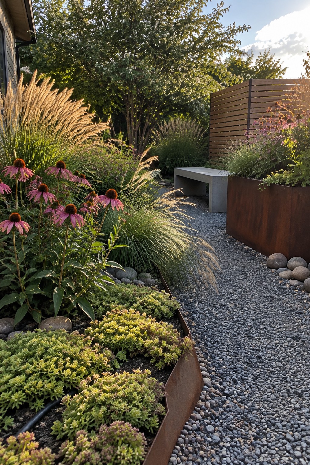 A narrow garden bed edged in rusted metal shows layered plants with tall grasses at the back, pink coneflowers in the middle, and low green groundcover at the front beside a gravel path.