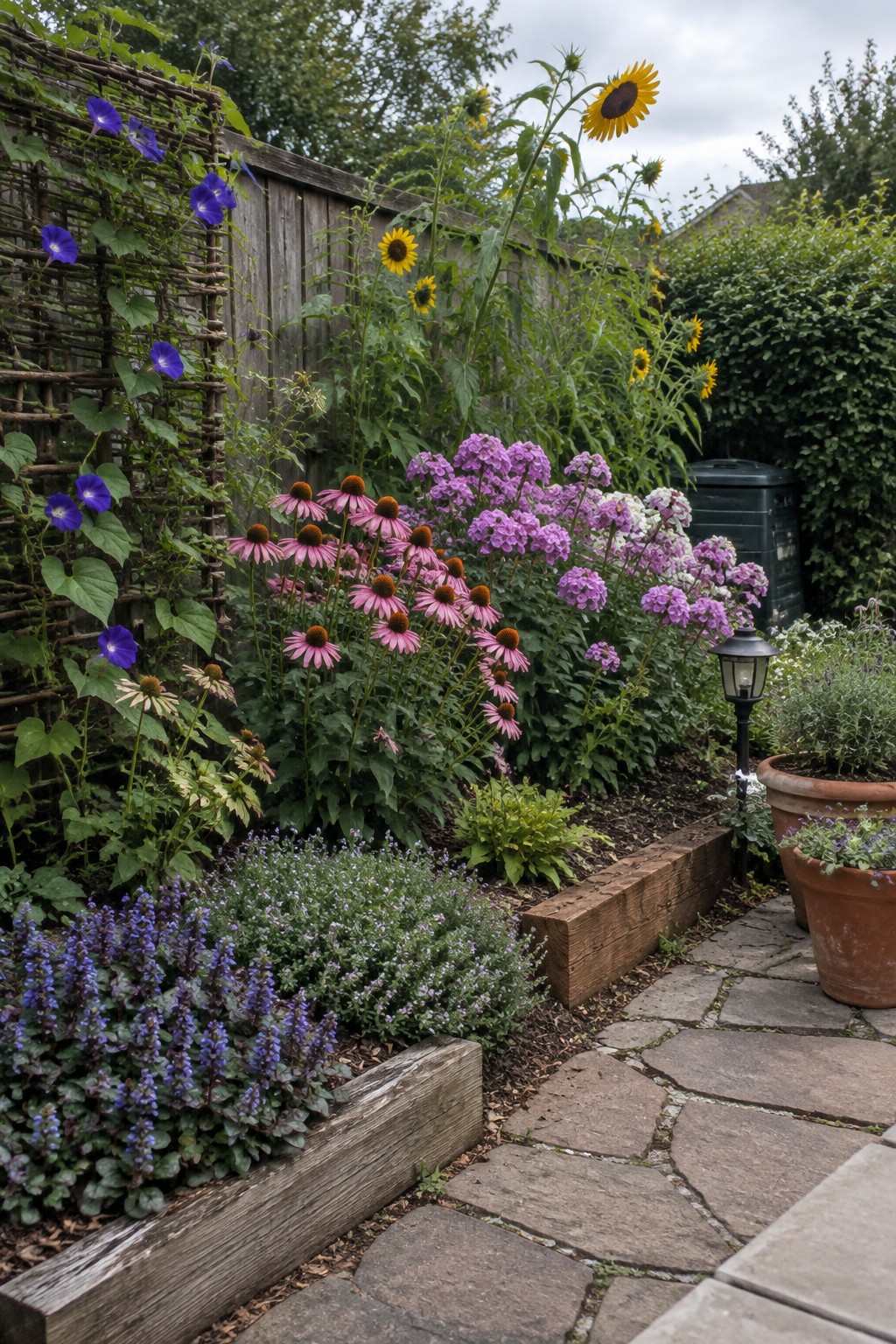 A layered flower bed beside a stone path shows tall sunflowers and purple blooms at the back, medium pink coneflowers in the middle, and low blue ground cover at the front with wooden edging.