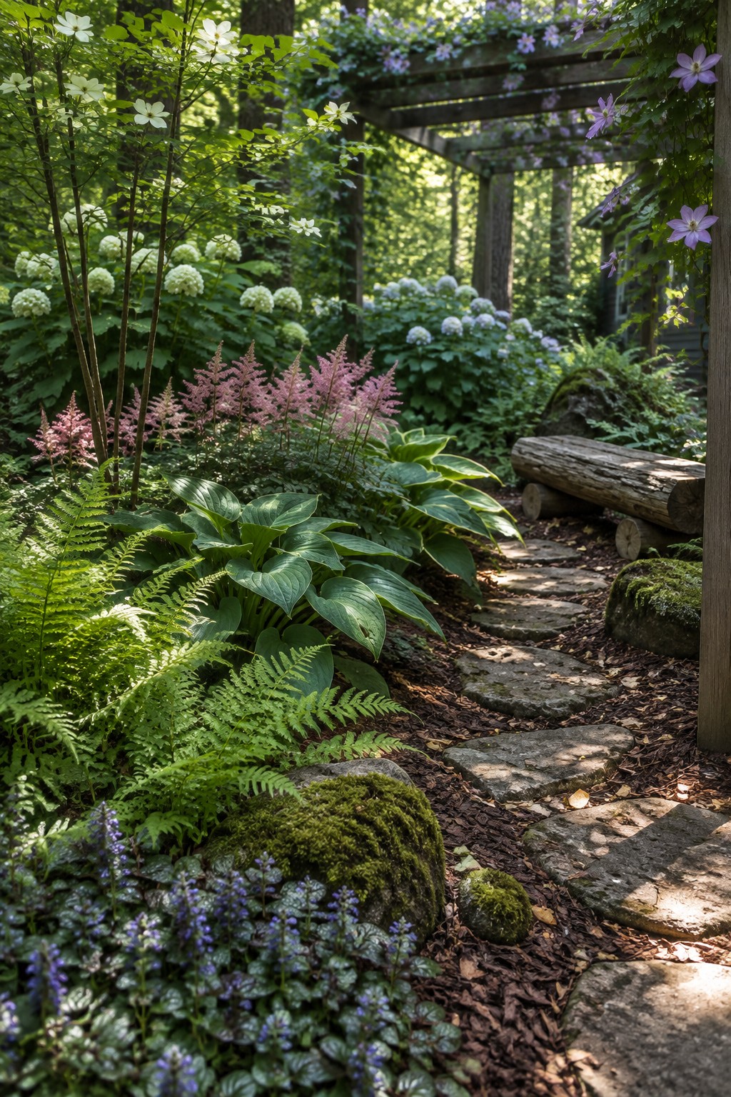 A winding stone path bordered by layered garden beds with tall shrubs, medium hostas and astilbes, low ferns, and ground cover plants under a wooden arbor.