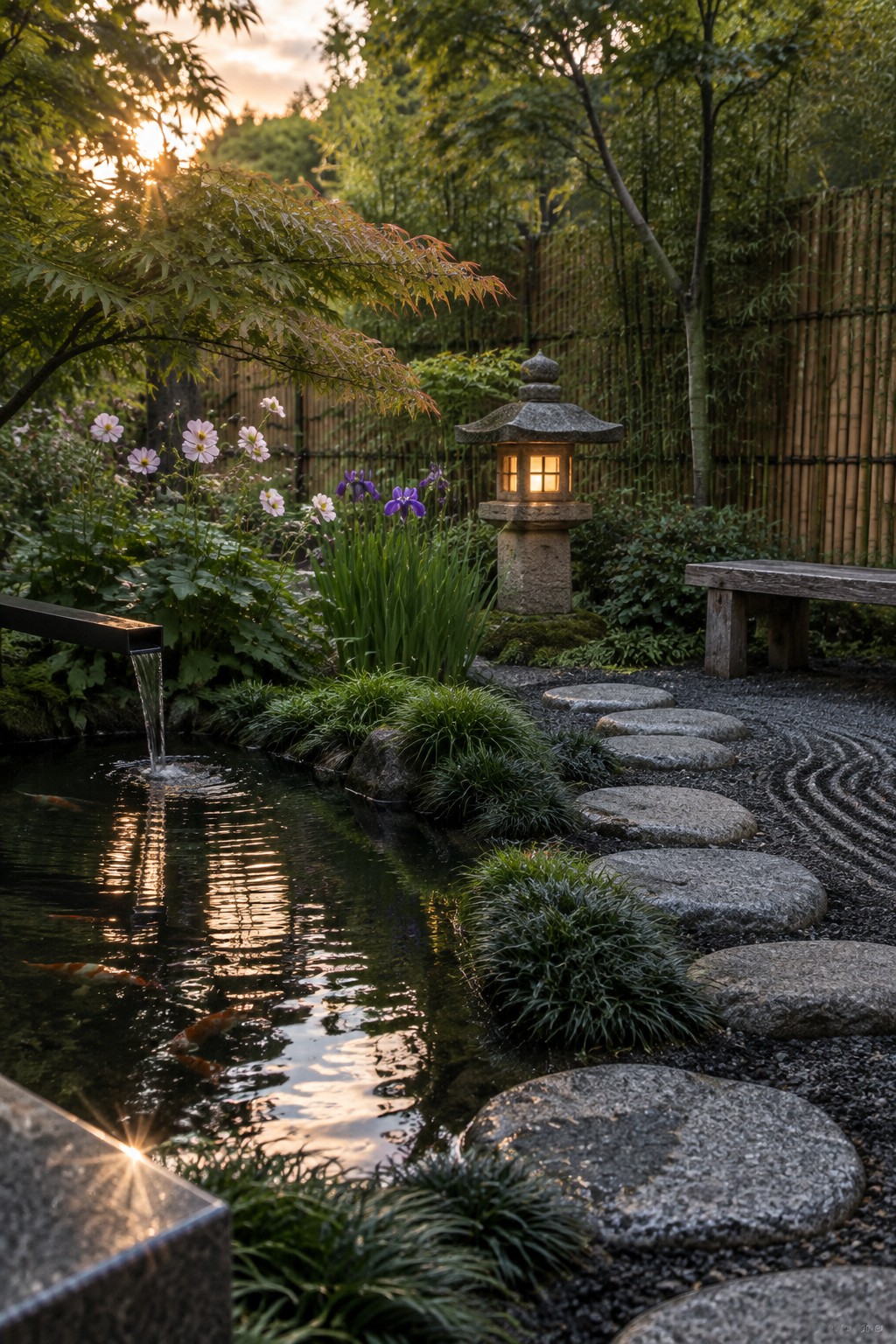 A Japanese garden scene with a koi pond fed by a spout, stone lantern, gravel path with stepping stones, and layered plants including tall trees, mid-height shrubs, and low grasses and flowers.