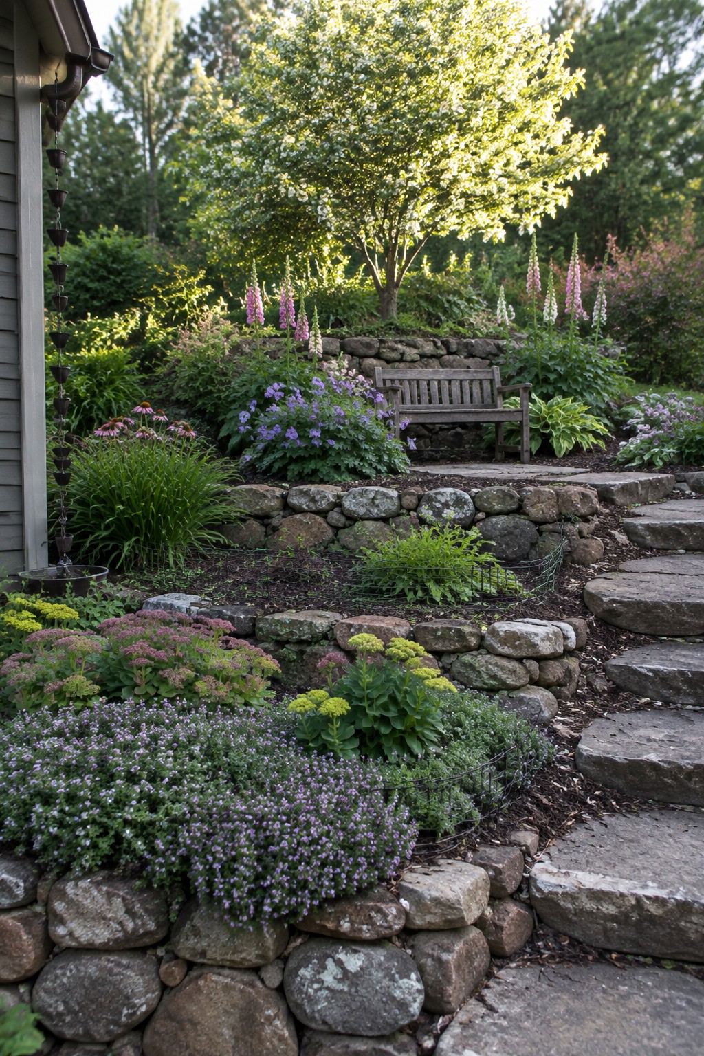 A garden scene showing layered flower beds with tall pink foxgloves at the back, medium purple and green shrubs in the middle, and low purple ground cover in front, bordered by stone retaining walls and steps.