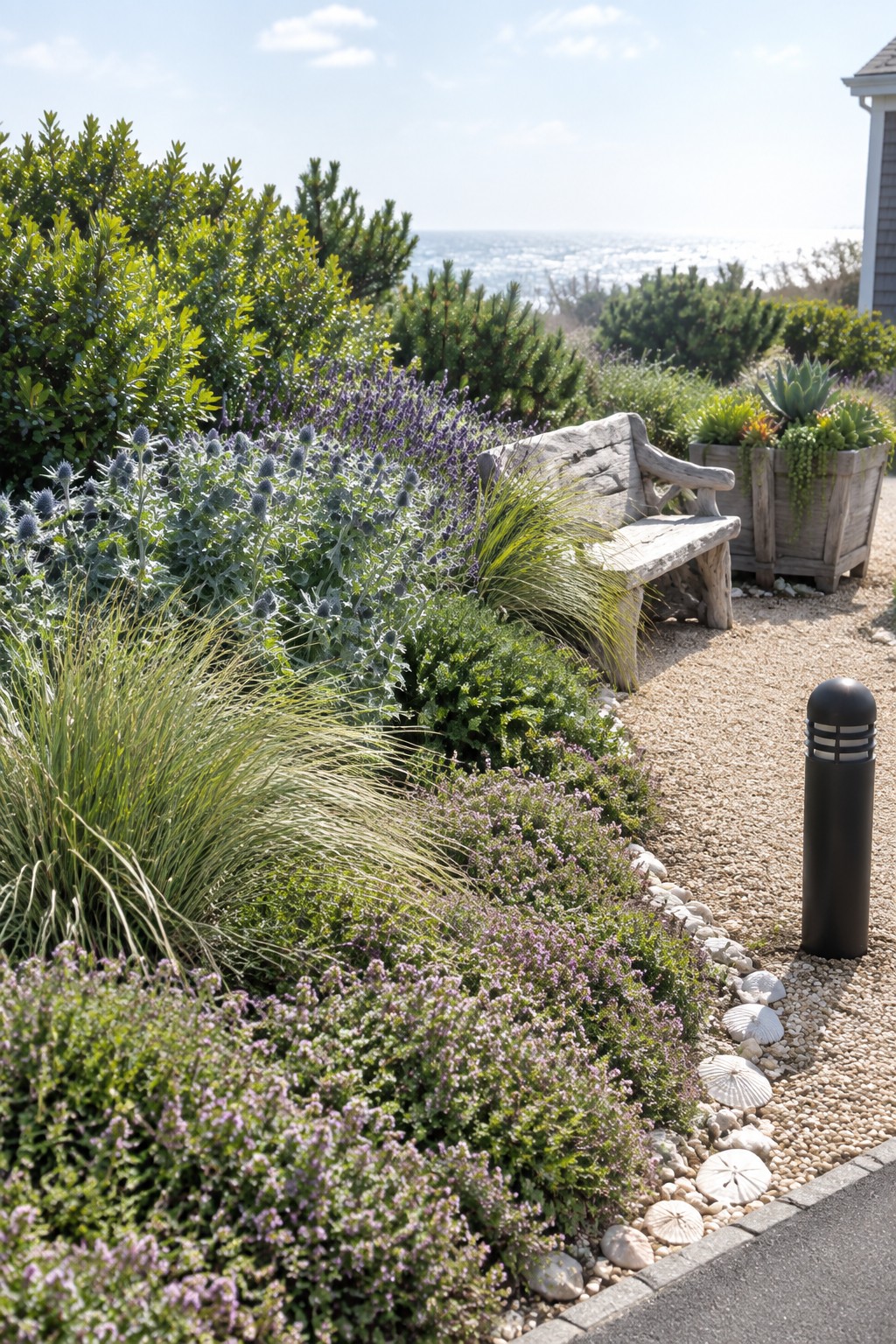 A coastal garden bed with layered plants of varying heights borders a gravel path, with a wooden bench and distant ocean view.