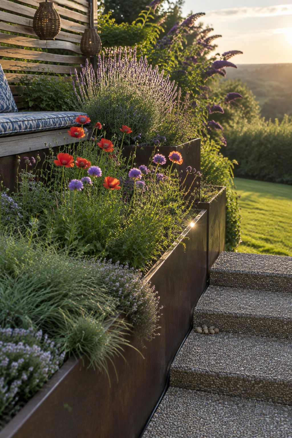 Raised metal flower beds with layered plants of varying heights, including tall purple blooms, red poppies, and low lavender, sit beside gravel steps in a garden.