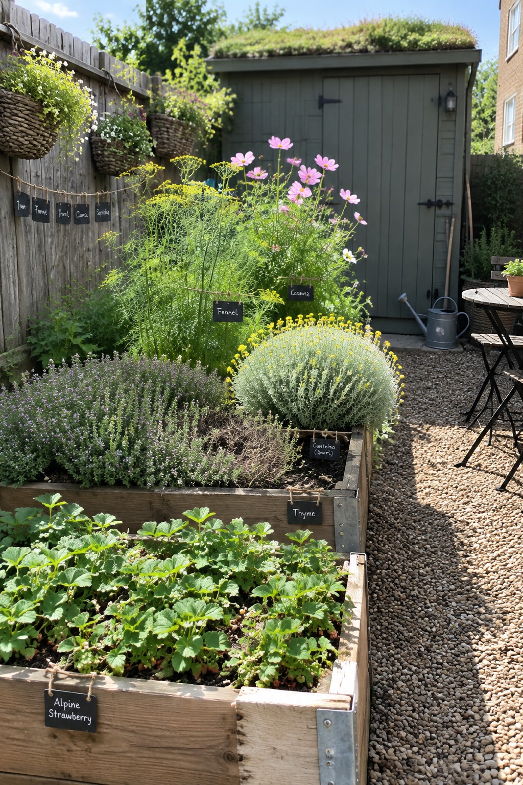 A backyard garden with several raised wooden beds containing plants of varying heights, including low alpine strawberries, lavender, thyme, fennel, and pink cosmos flowers, beside a gravel path and a shed.