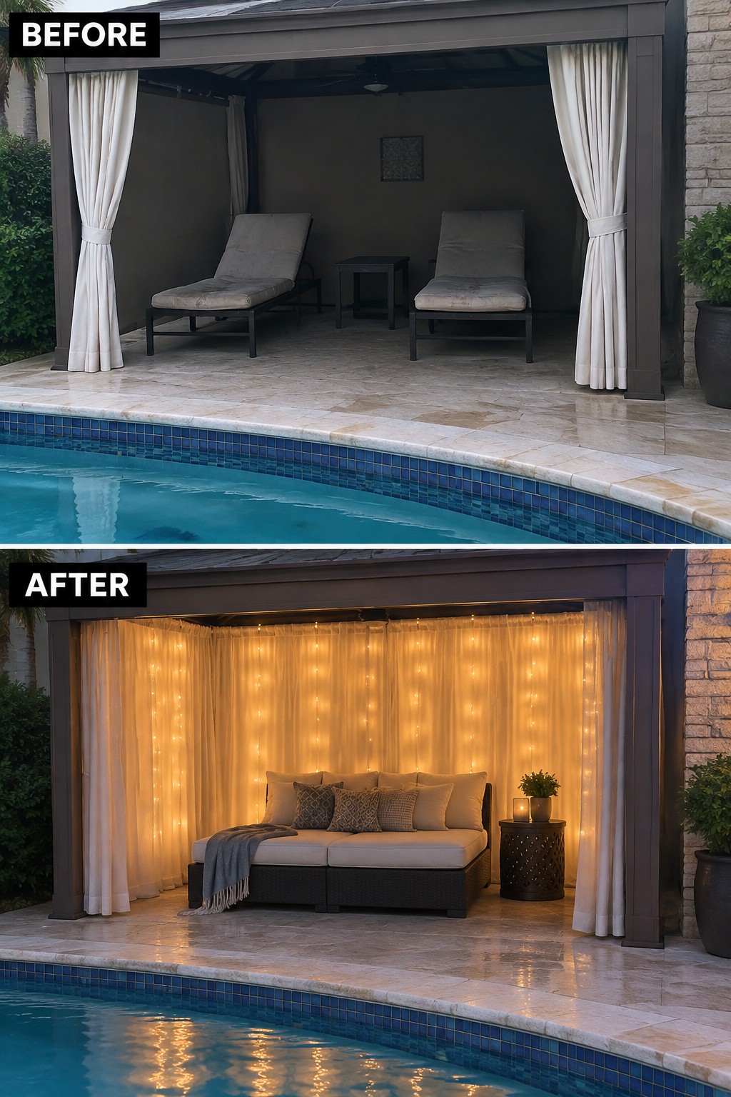 Before-and-after poolside cabana: lounge chairs transformed into lit sofa with string lights