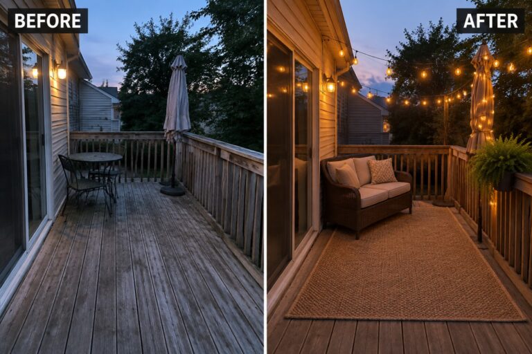 Before and after of wooden deck with string lights, sofa, rug and patio furniture.