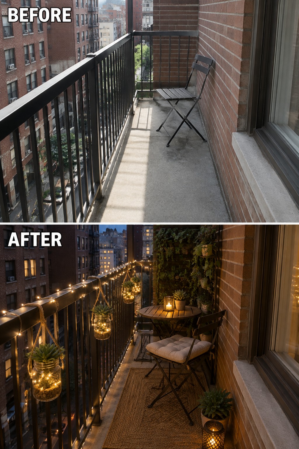 Before and after balcony makeover with string lights, hanging plants, rug, and cozy seating.