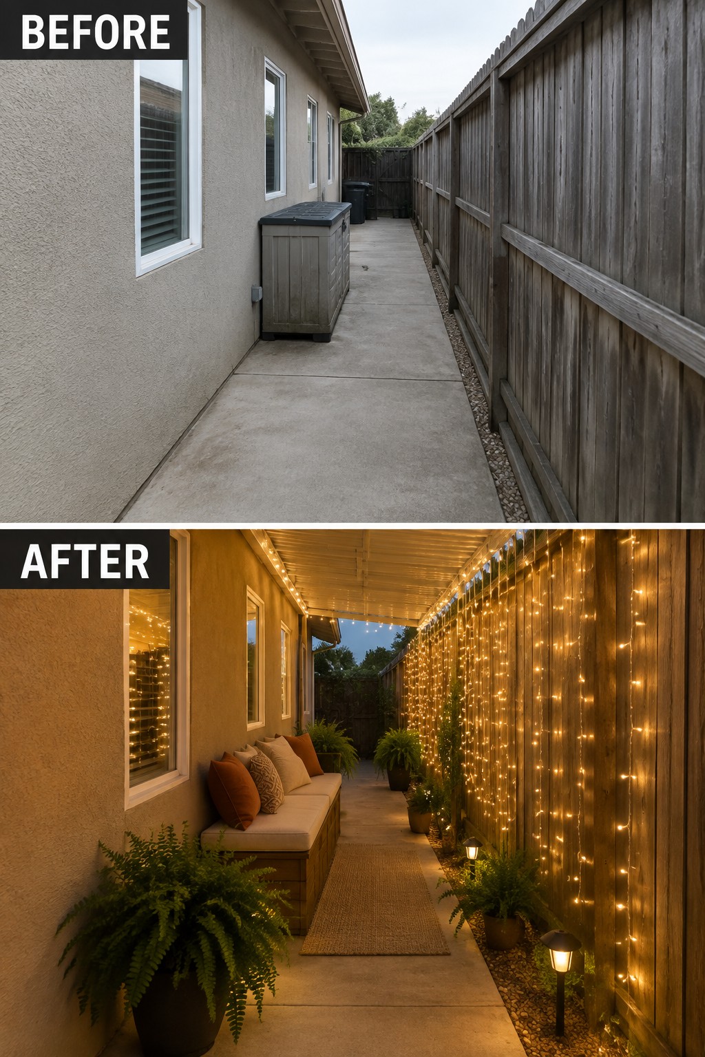 Before and after of plain side yard transformed with string lights, bench, and plants.