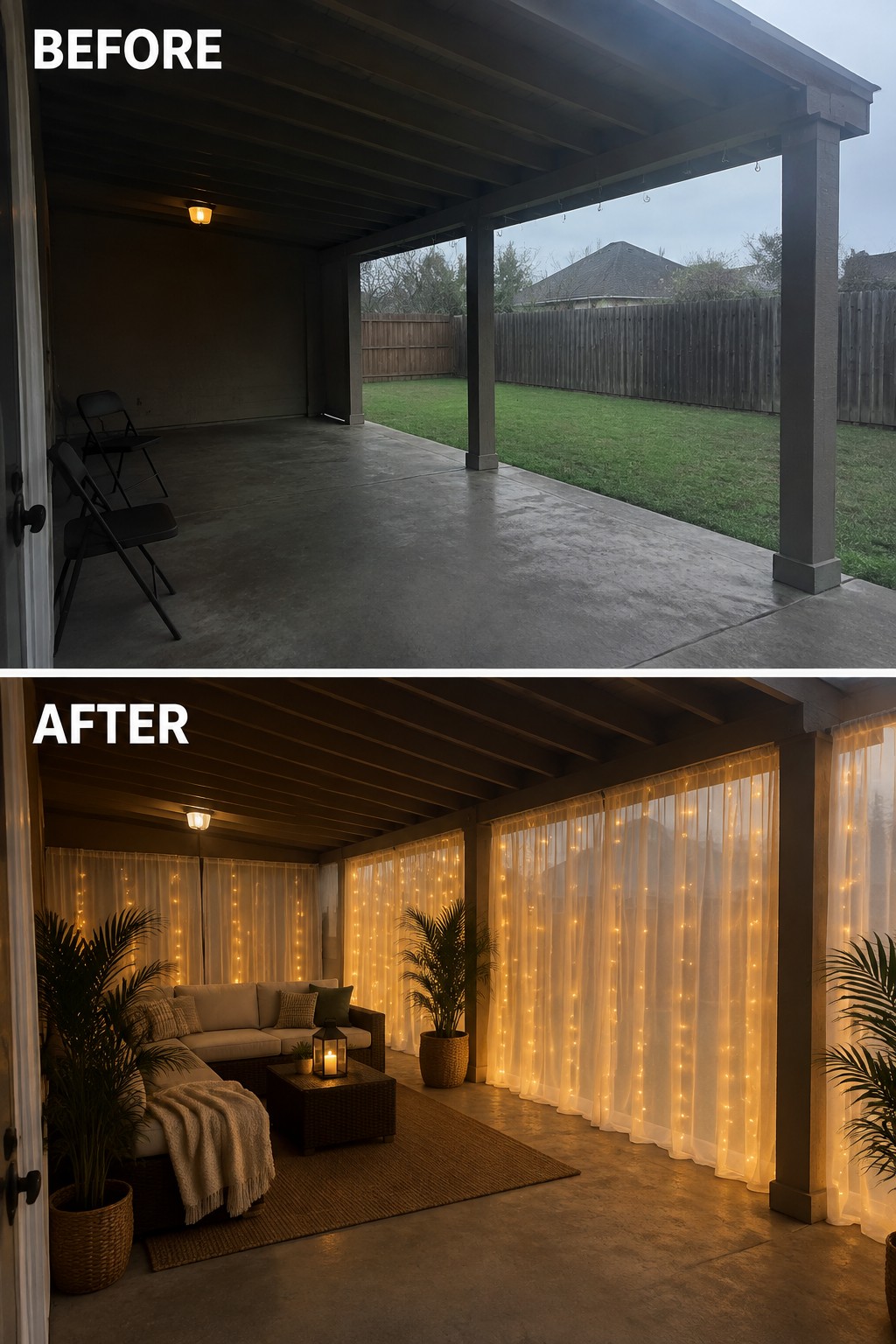 Before and after of patio transformed with string lights, curtains, sofa and plants