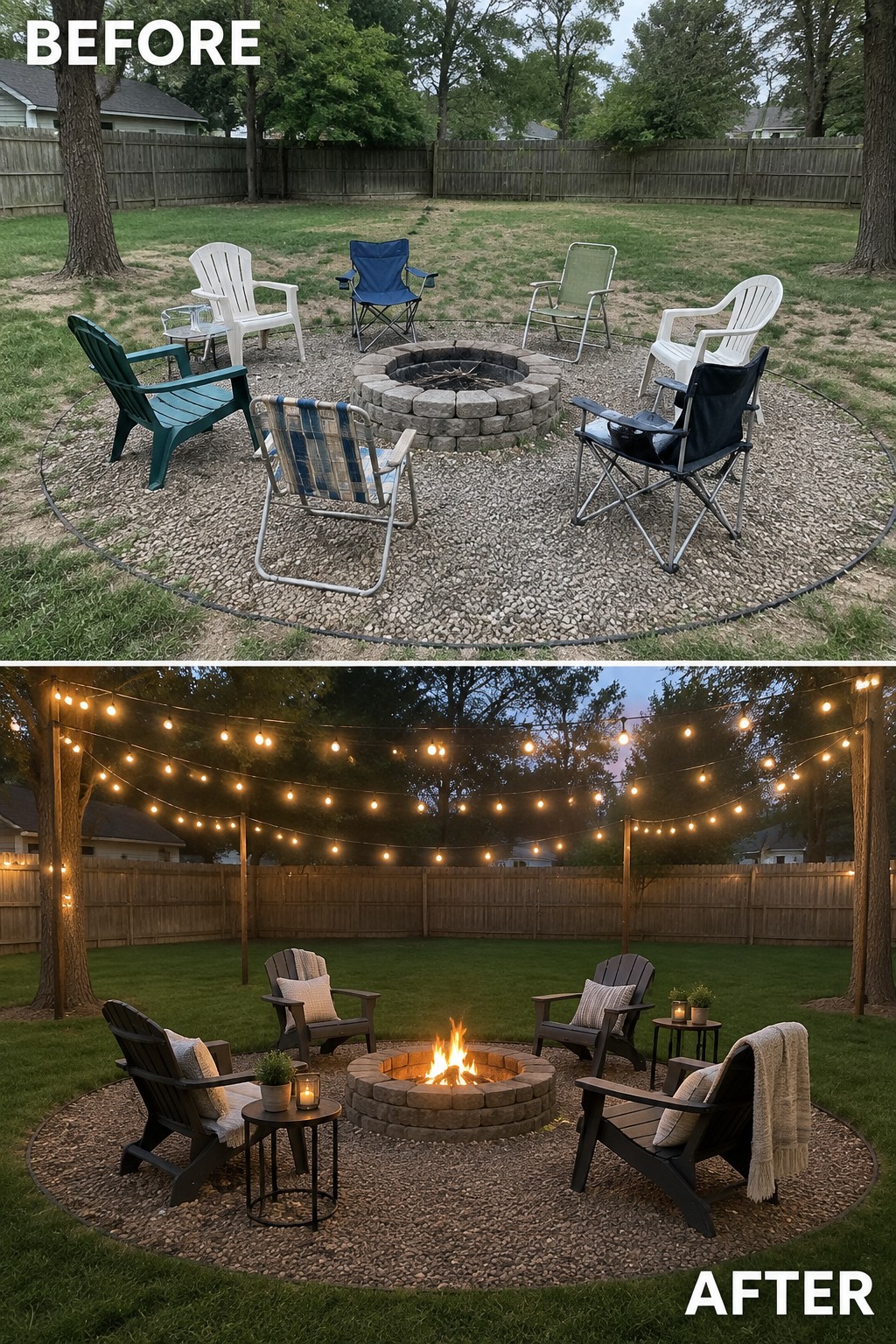 Before-and-after image of a backyard fire pit area showing mismatched chairs on gravel transformed by adding string lights and coordinated dark seating.