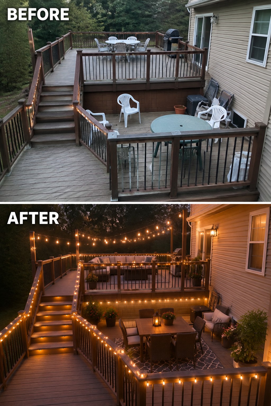 Before and after of wooden deck with string lights, furniture, and plants at dusk