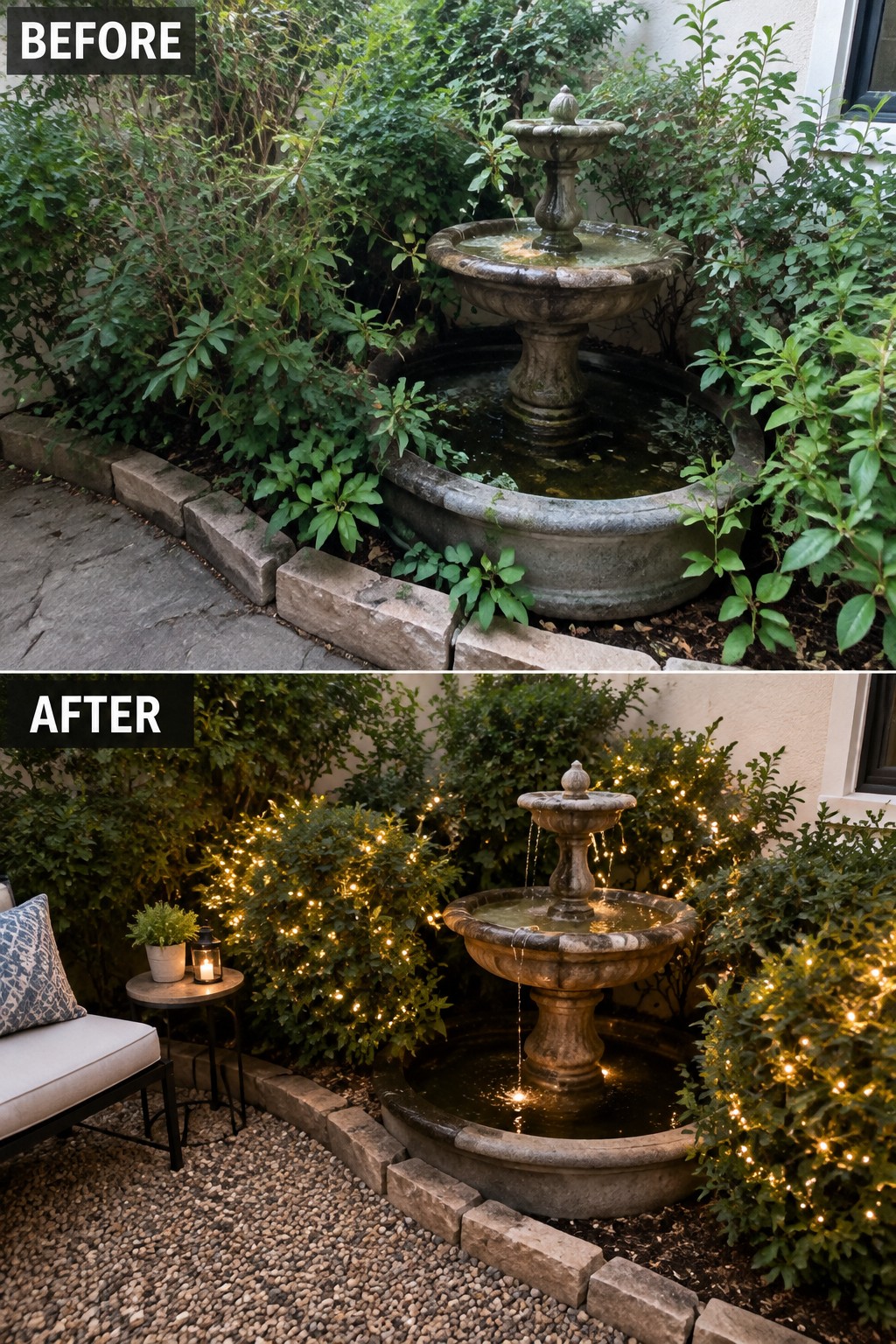 Before-and-after of stone fountain in garden with string lights and added patio furniture.