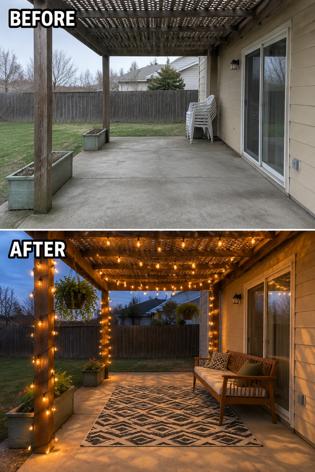 Before and after patio with string lights, bench, rug and hanging plants added