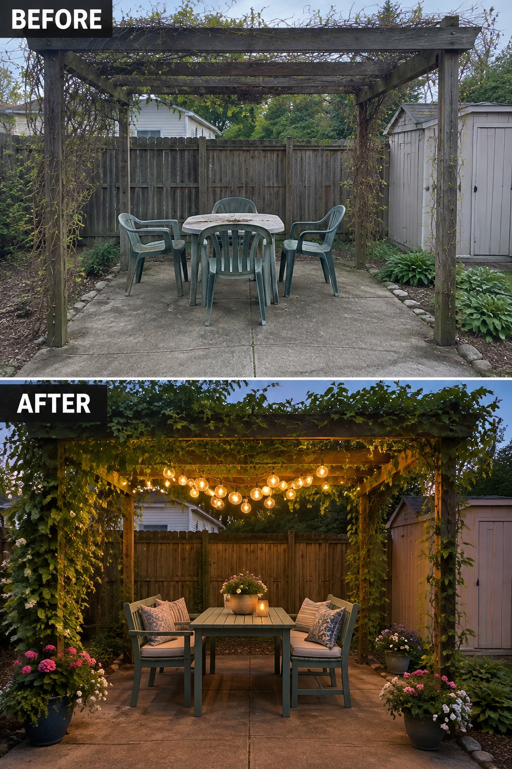 Before-and-after image of a concrete patio under a pergola changed from a basic table and chairs setup to one with string lights, cushioned seating, and potted plants.