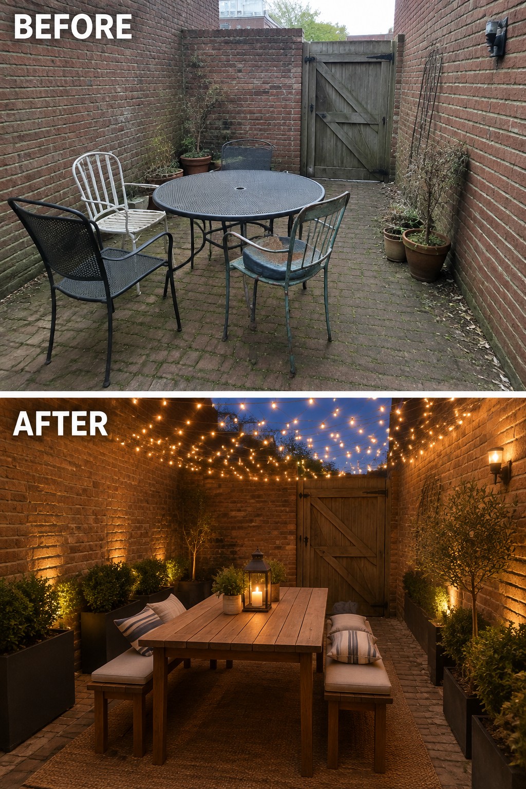 Before-and-after image of a brick patio transformed by overhead string lights, a wooden table with benches, and added planters.