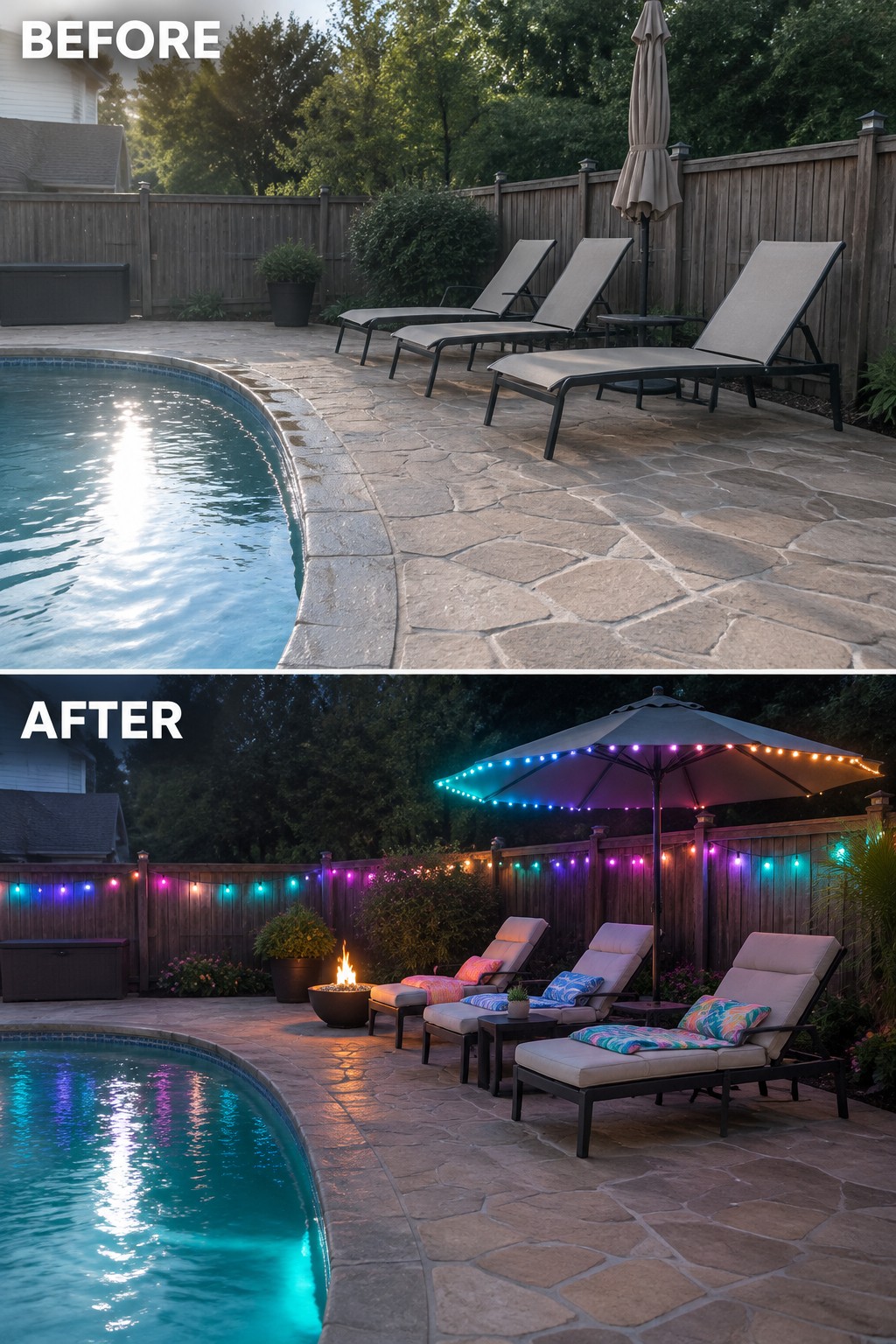 Before and after of pool patio with colorful string lights and fire pit at night
