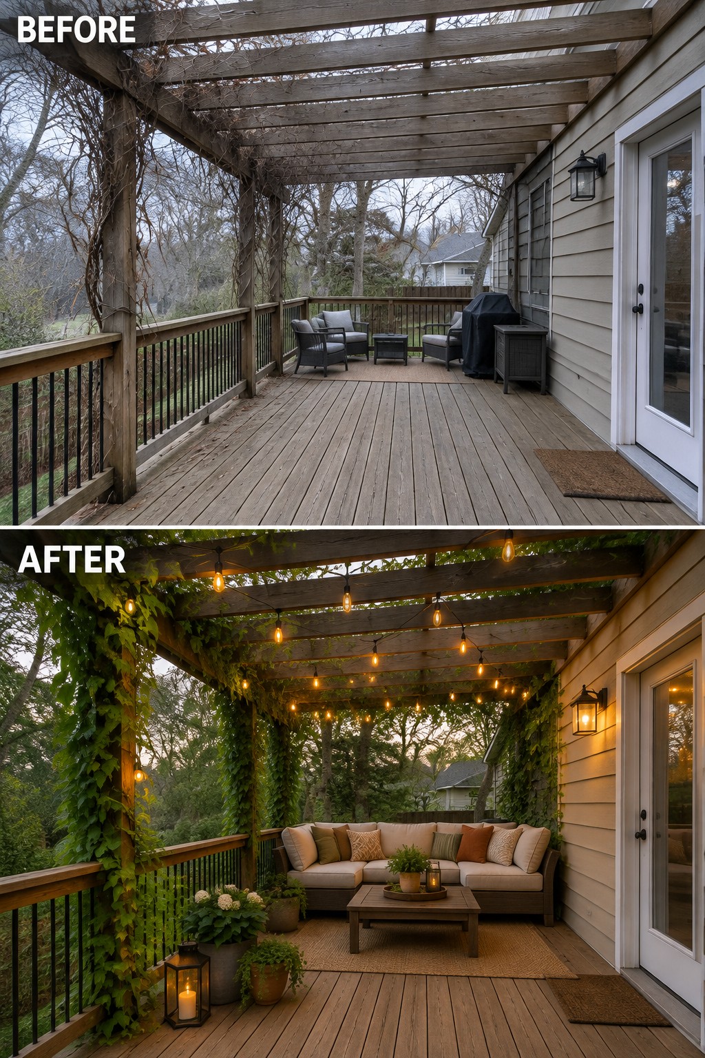 Before and after of a wooden deck transformed with string lights and climbing vines
