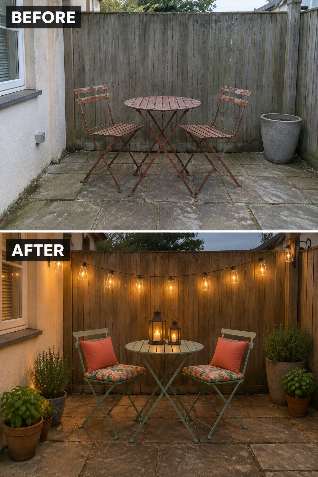 Before-and-after image of a plain patio updated with string lights along the fence, painted furniture, cushions, lanterns, and potted plants.