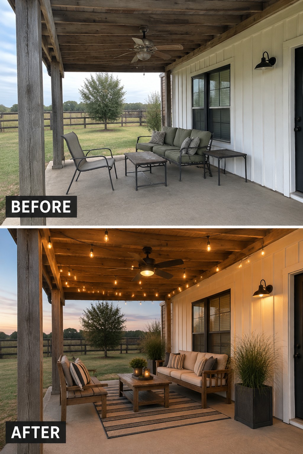 Before-and-after image of a bare concrete patio updated with string lights, a rug, wooden seating, and potted plants.