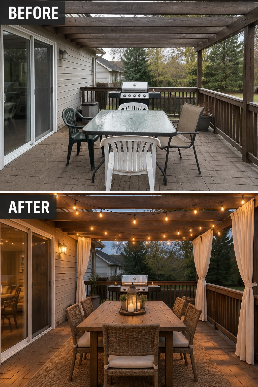 Before and after deck with new table, chairs, string lights, and curtains.