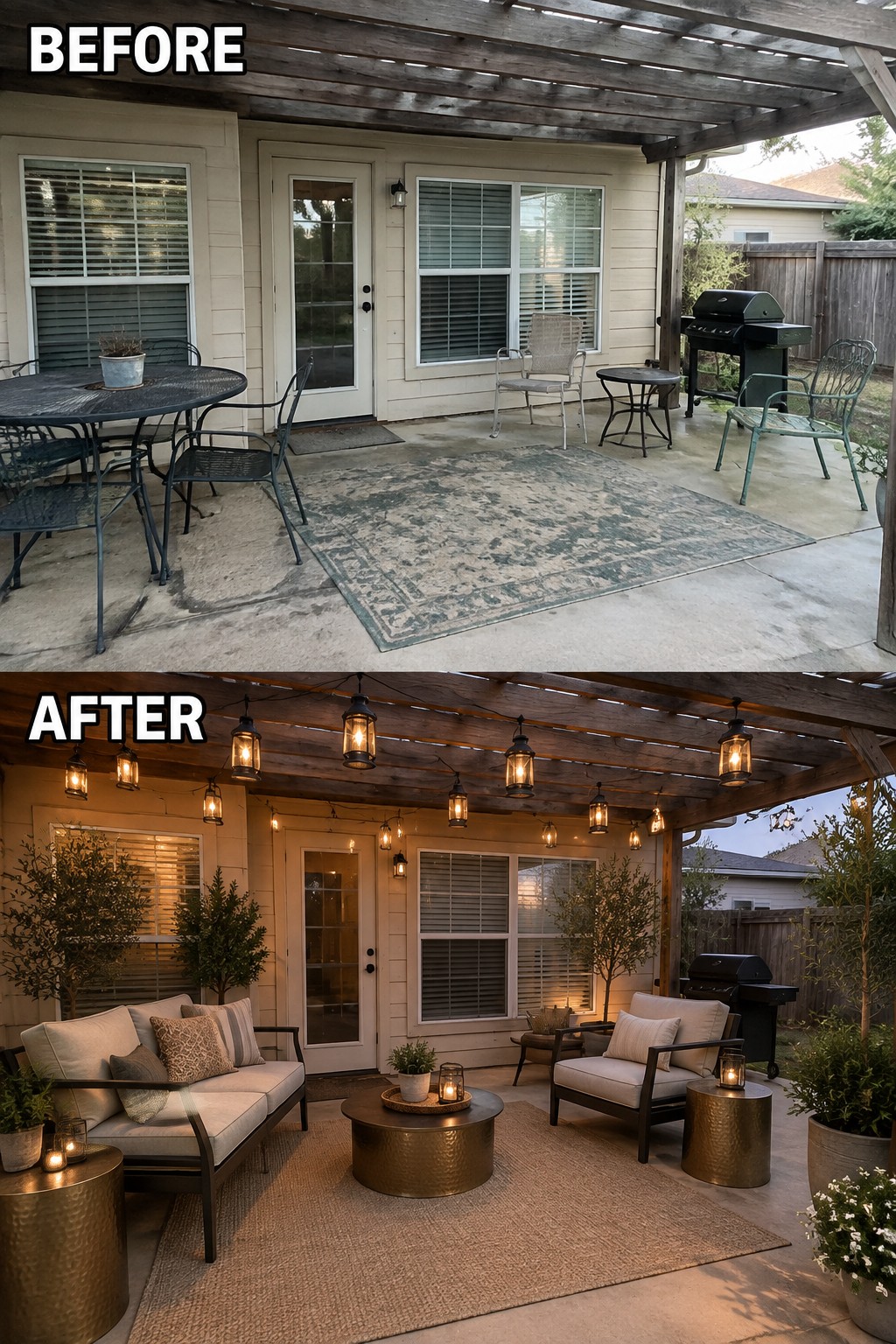Before-and-after image of a patio transformed with string lights and lanterns to create an evening seating area.