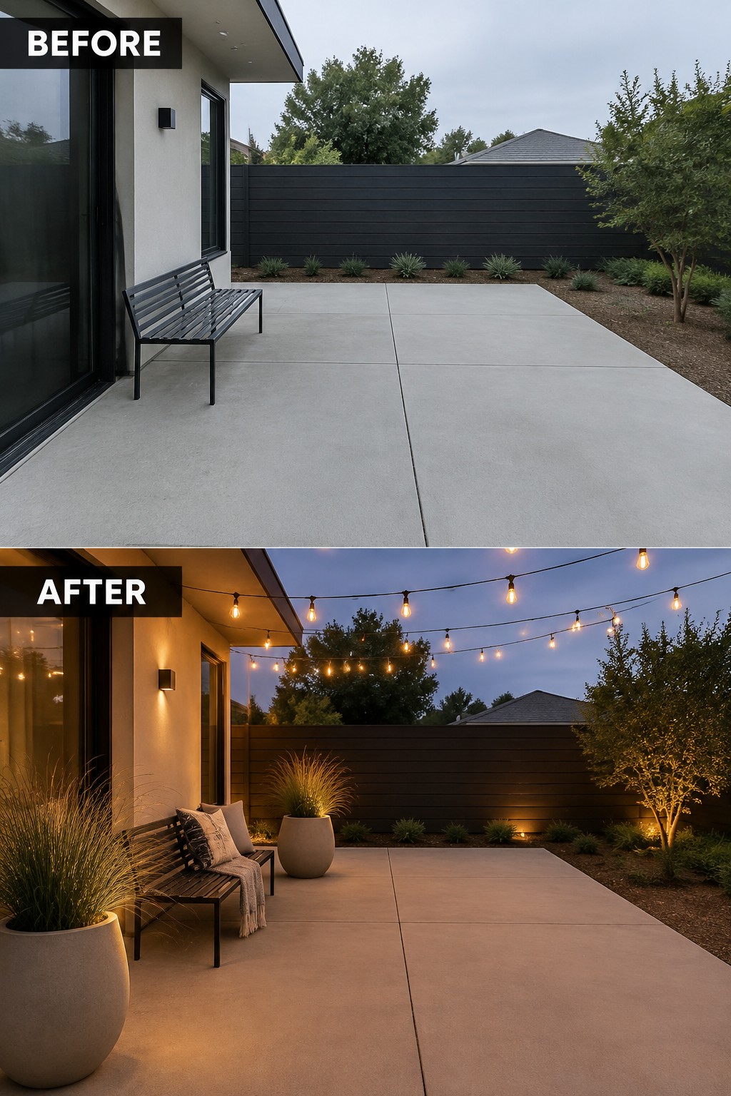 Before-and-after image of a bare concrete patio updated with string lights, potted plants, and cushions on the bench.