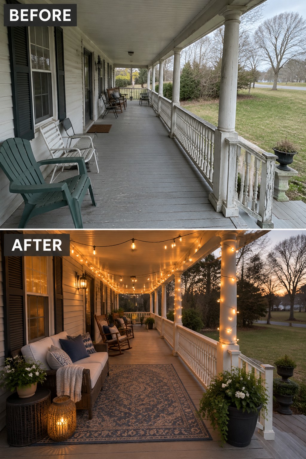 Before-and-after porch with string lights, rug, and cozy seating at dusk