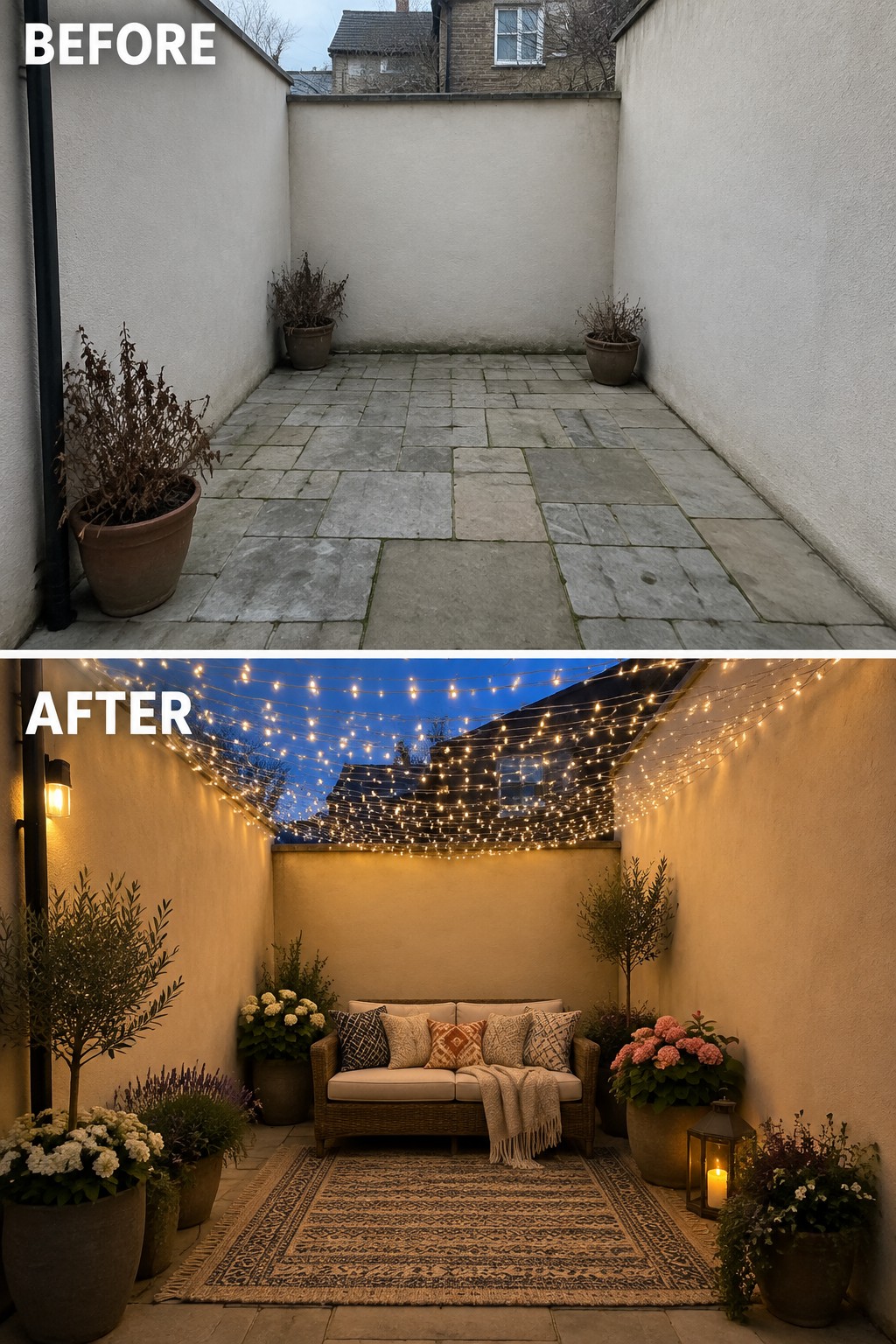Before-and-after view of empty courtyard transformed into cozy evening patio with lights, sofa and plants