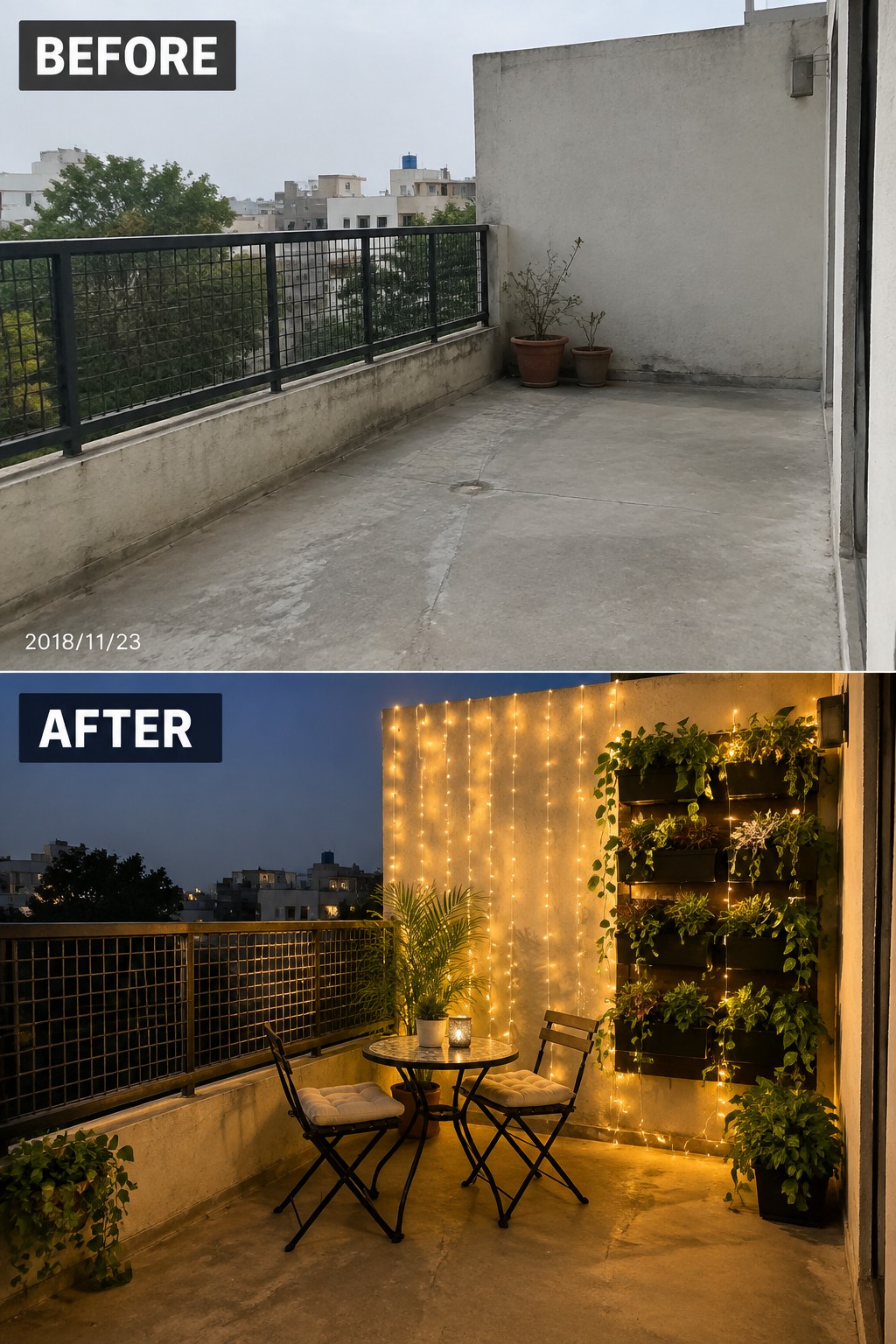 Empty daytime balcony contrasted with nighttime scene of string lights, plants and seating