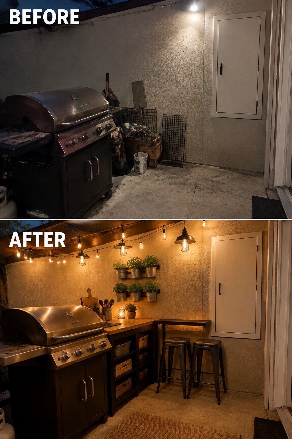 Before-and-after view of a cluttered patio transformed into a cozy outdoor kitchen with lights and stools.