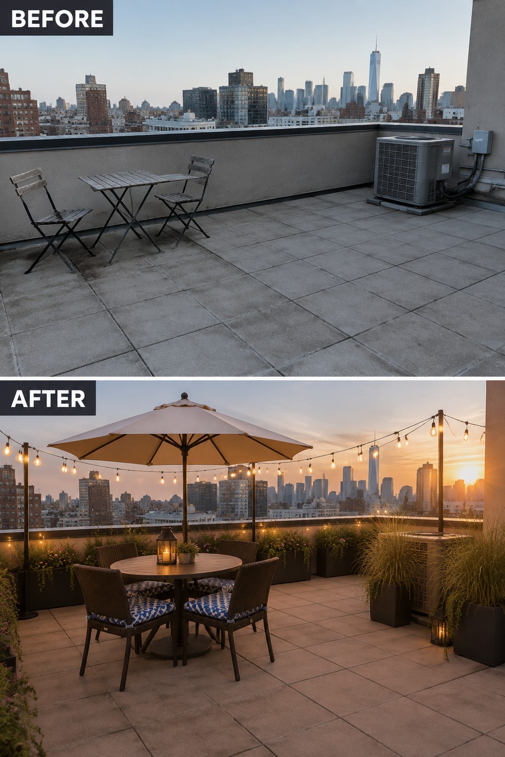 Before and after rooftop patio transformation with furniture, umbrella, plants, and string lights