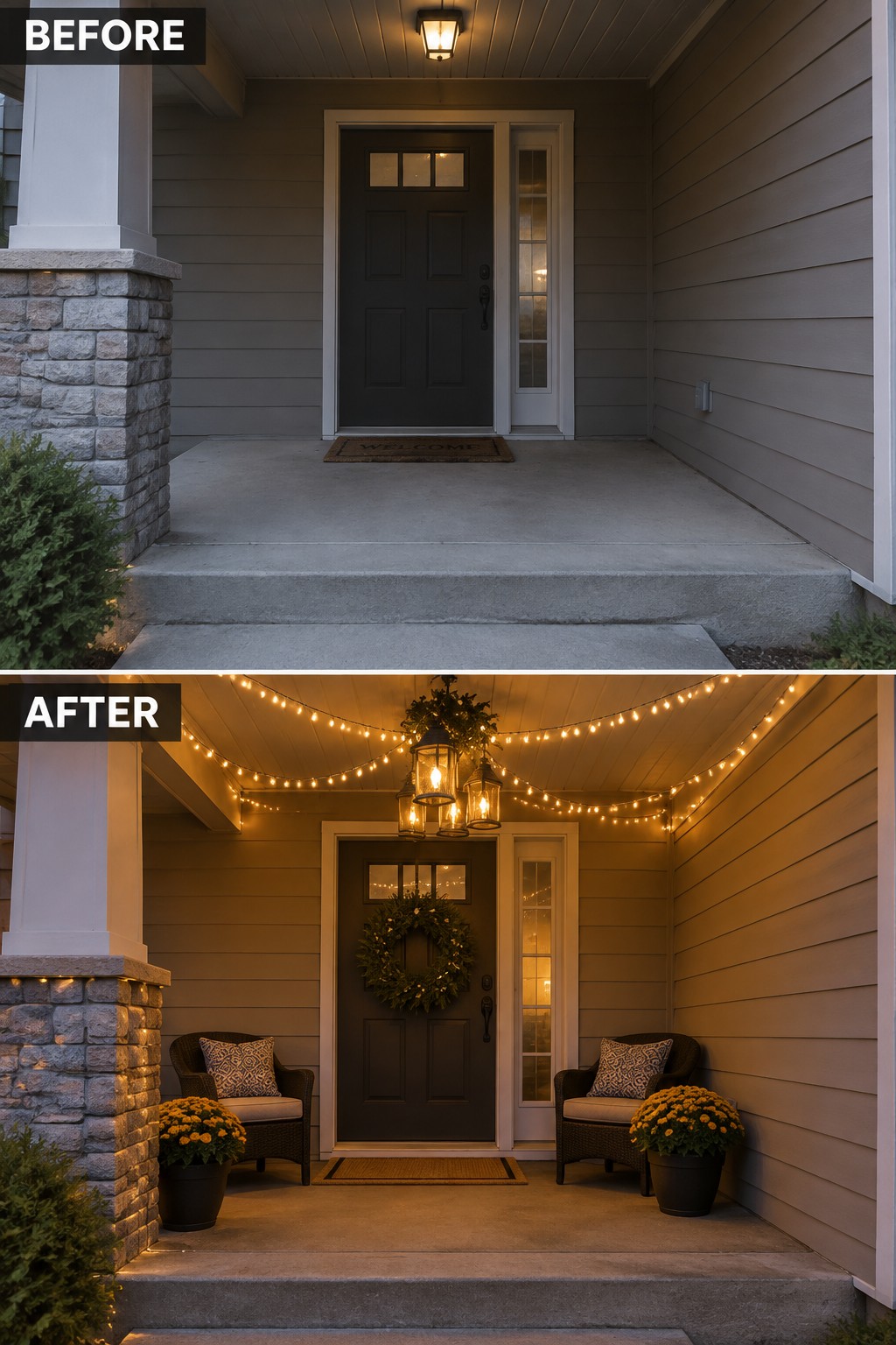 Before-and-after image of a plain concrete house porch transformed with string lights, hanging lanterns, seating, and potted plants.