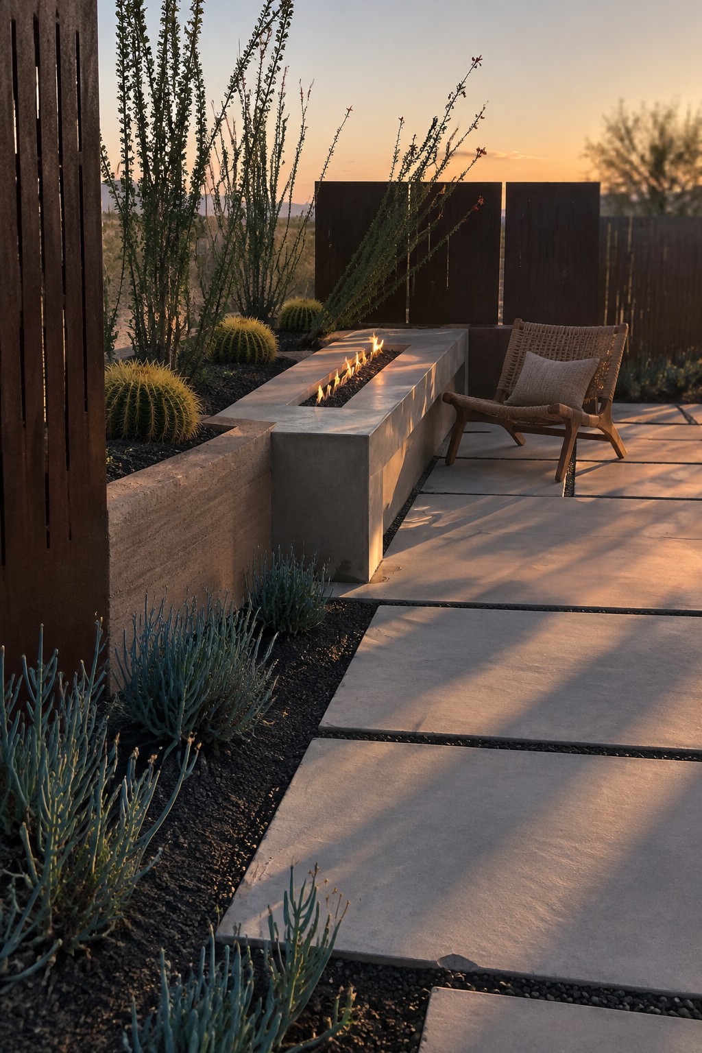 A concrete fire pit is set into a raised bed with desert plants and succulents beside a path of large pavers and a woven outdoor chair.