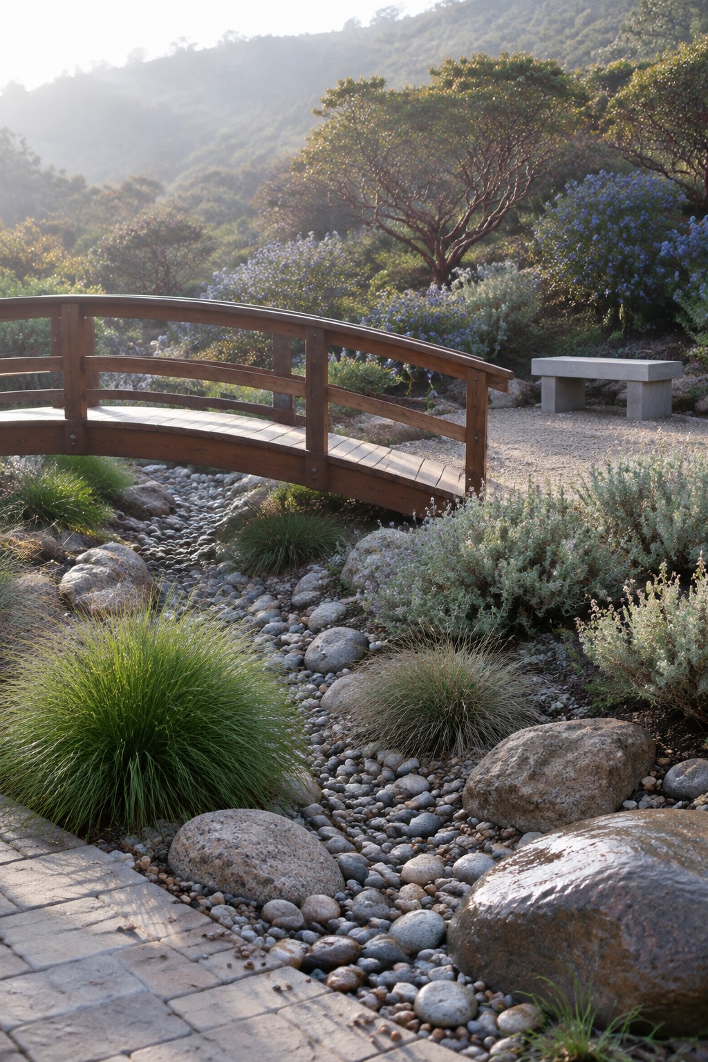 A wooden footbridge crosses a rocky dry creek bed lined with stones and bordered by low-water shrubs and grasses.