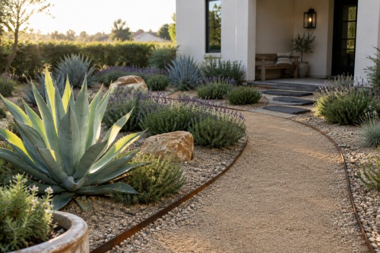 A curving gravel path bordered by metal edging runs past agave plants, lavender, and rocks toward a house entrance.