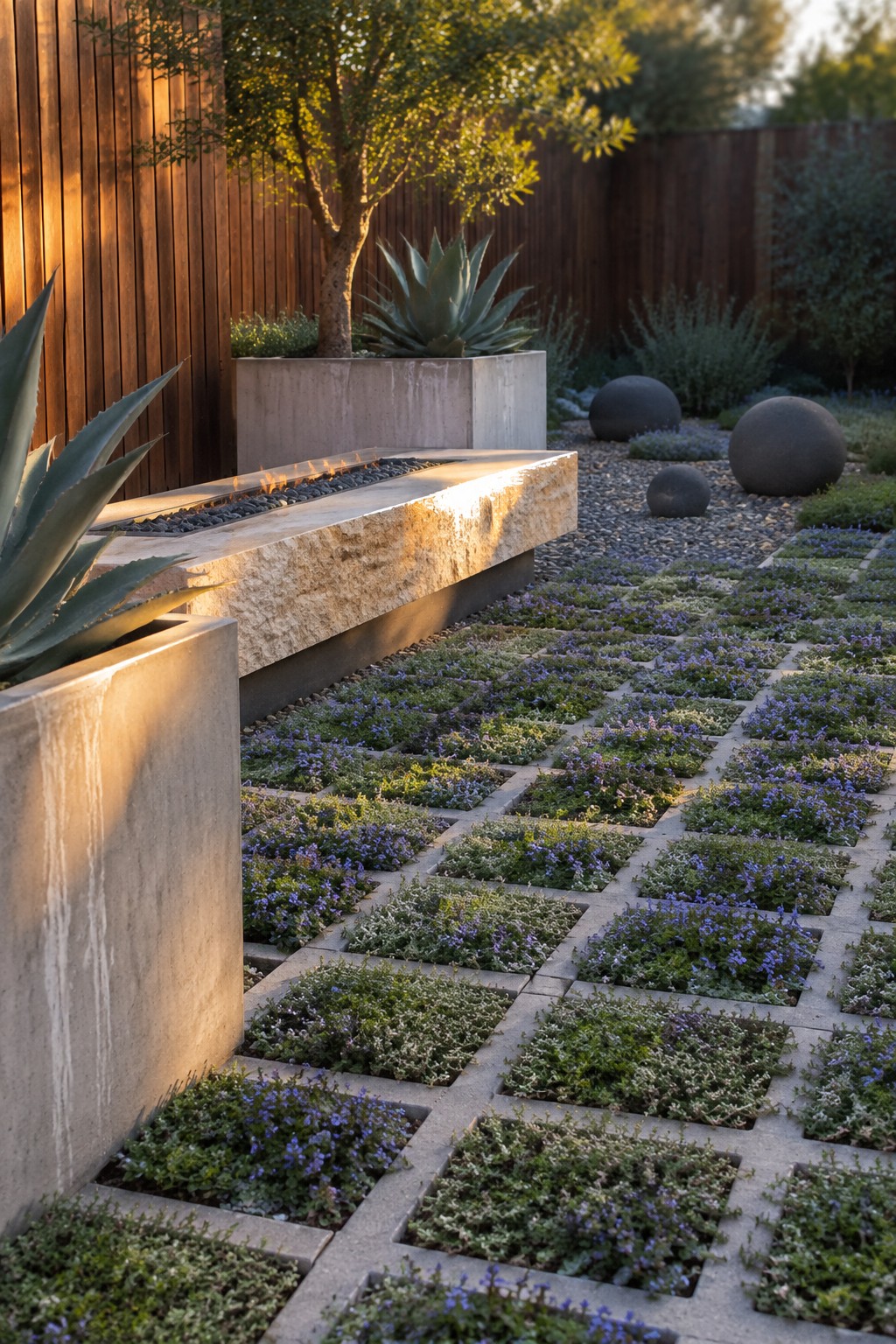 A backyard garden features a grid of concrete pavers filled with low-growing plants, large agave in concrete planters, a linear stone fire feature, and several dark stone spheres on gravel.