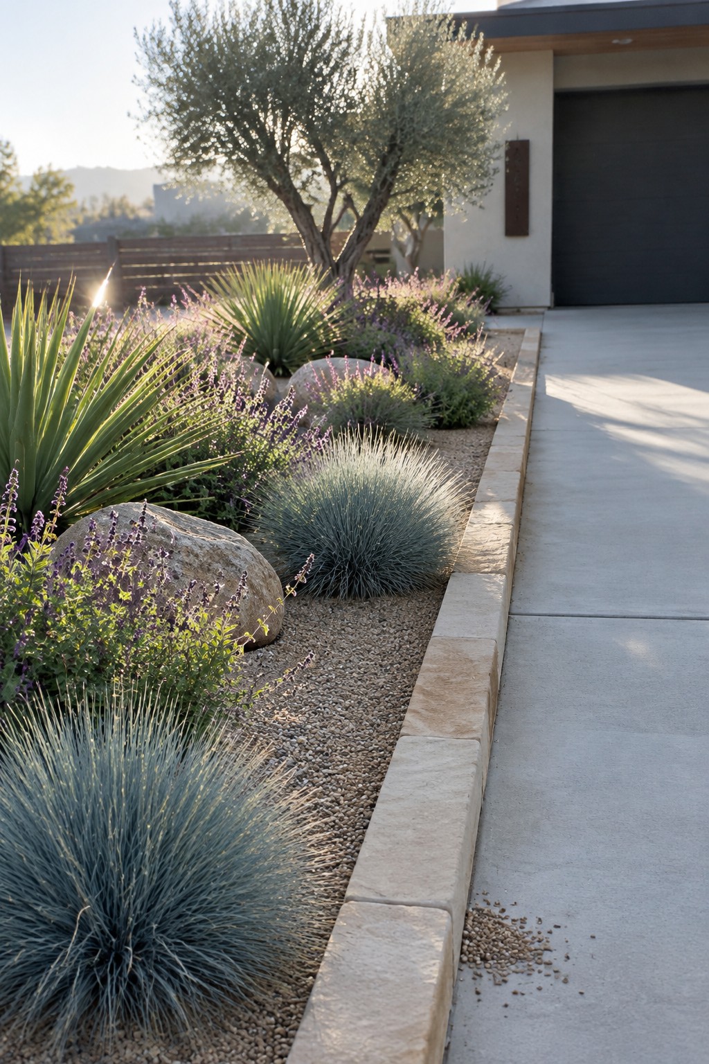 A drought-tolerant garden bed bordered by light stone edging, filled with blue grasses, purple flowering shrubs, and large rocks, next to a concrete driveway.