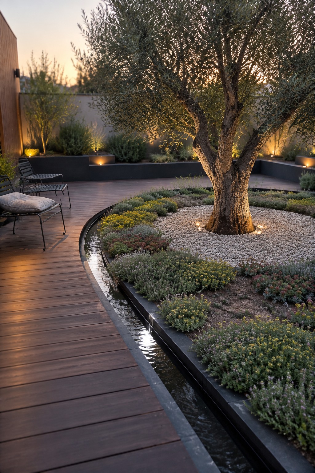 A mature olive tree stands in a circular gravel bed edged by a narrow water channel, with drought-tolerant flowering plants and a wooden deck with chairs nearby.
