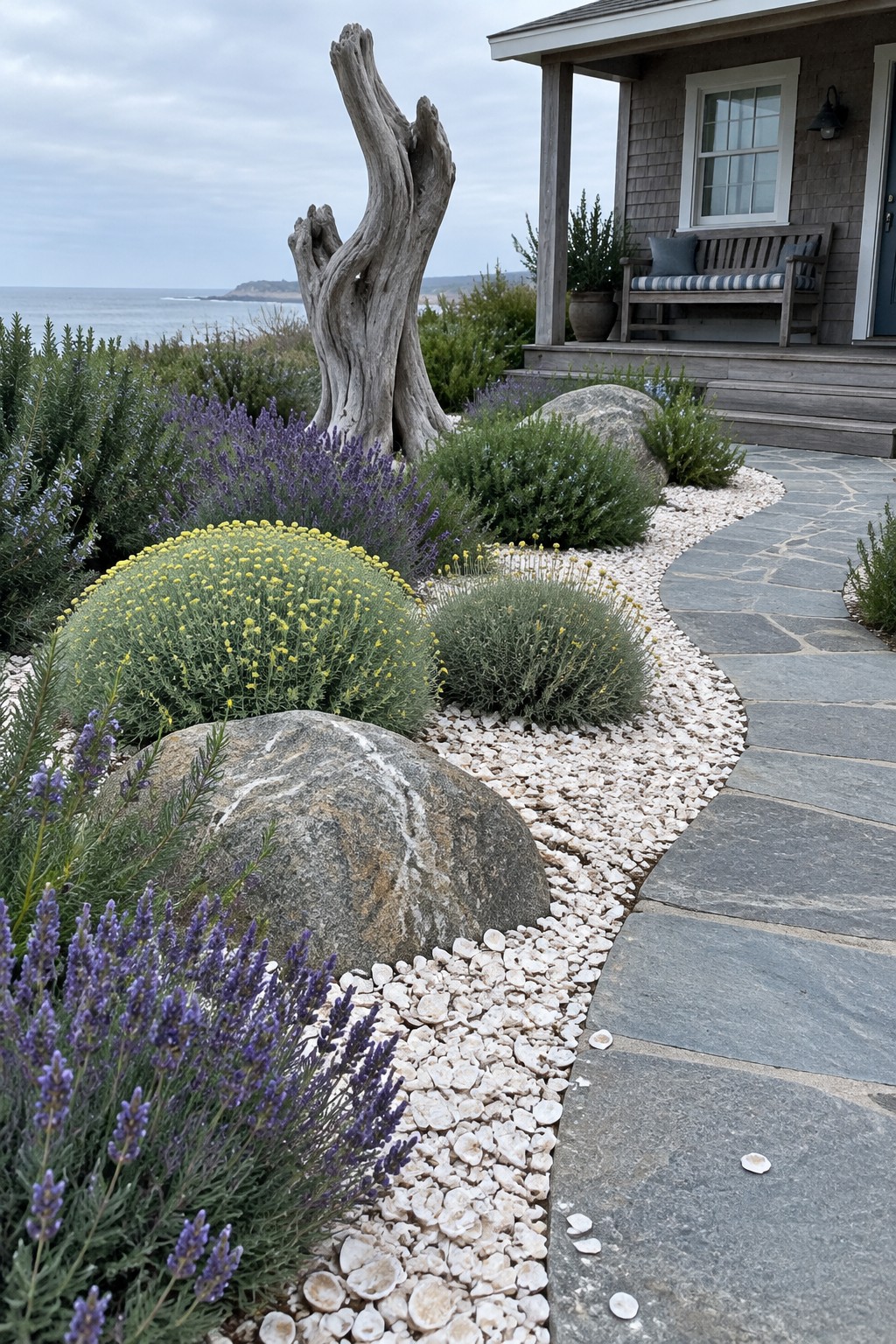 A winding stone paver path borders white gravel beds planted with lavender, yellow flowering shrubs, and large boulders next to a shingled house.