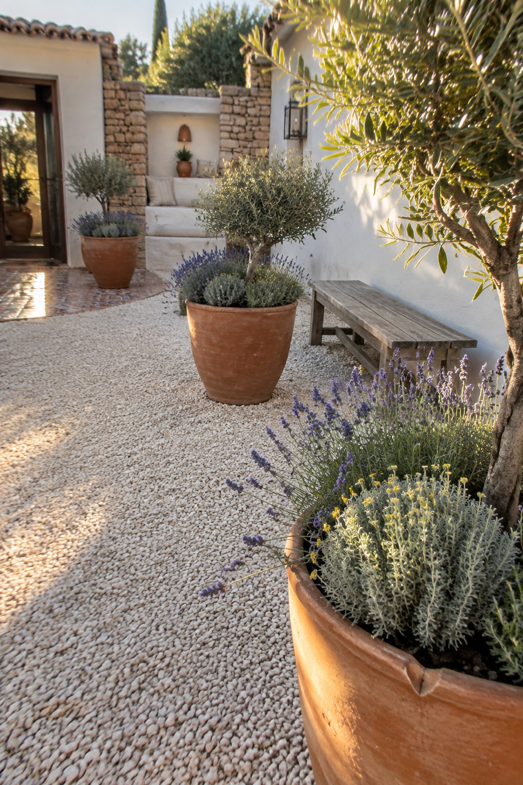 Gravel courtyard with terracotta pots of lavender, olive trees, and wooden bench.