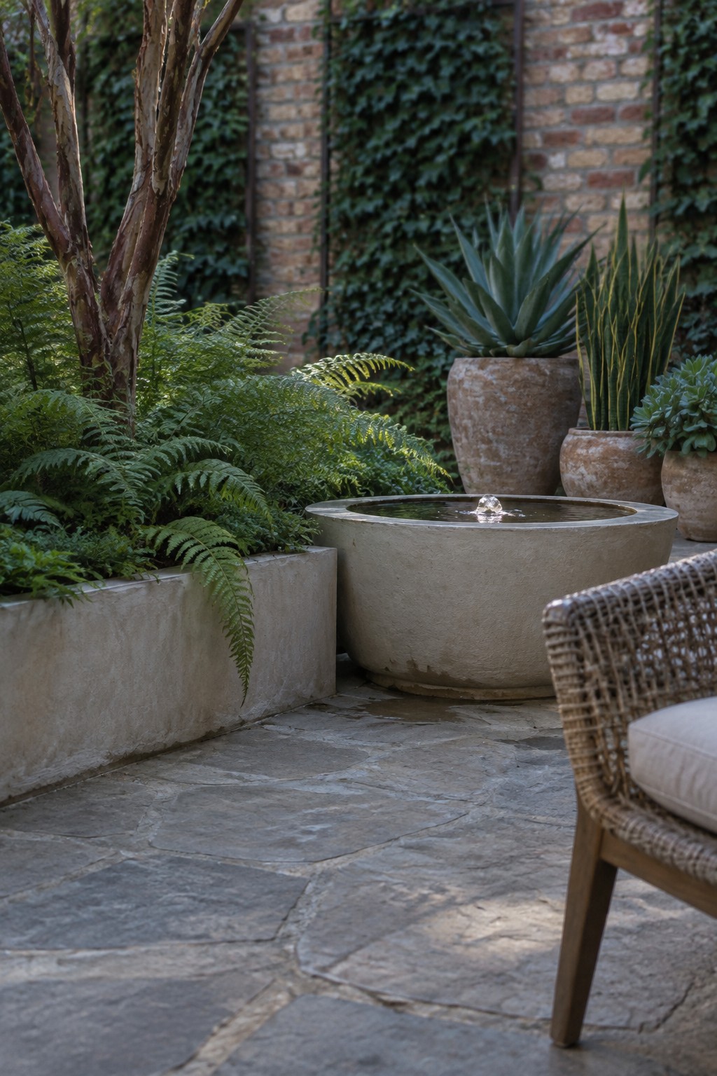 A stone patio holds a large round concrete water basin next to potted agave, snake plant, and ferns growing in a raised concrete planter against a brick wall.