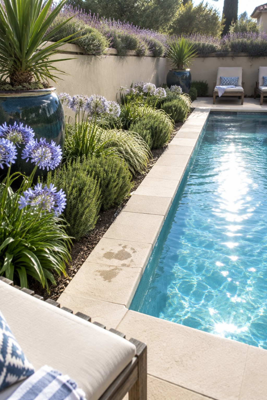 A long rectangular swimming pool with a light stone coping and a narrow planting bed filled with blue flowering plants, green shrubs, and grasses running along one side, plus a raised bed of lavender above a beige wall.