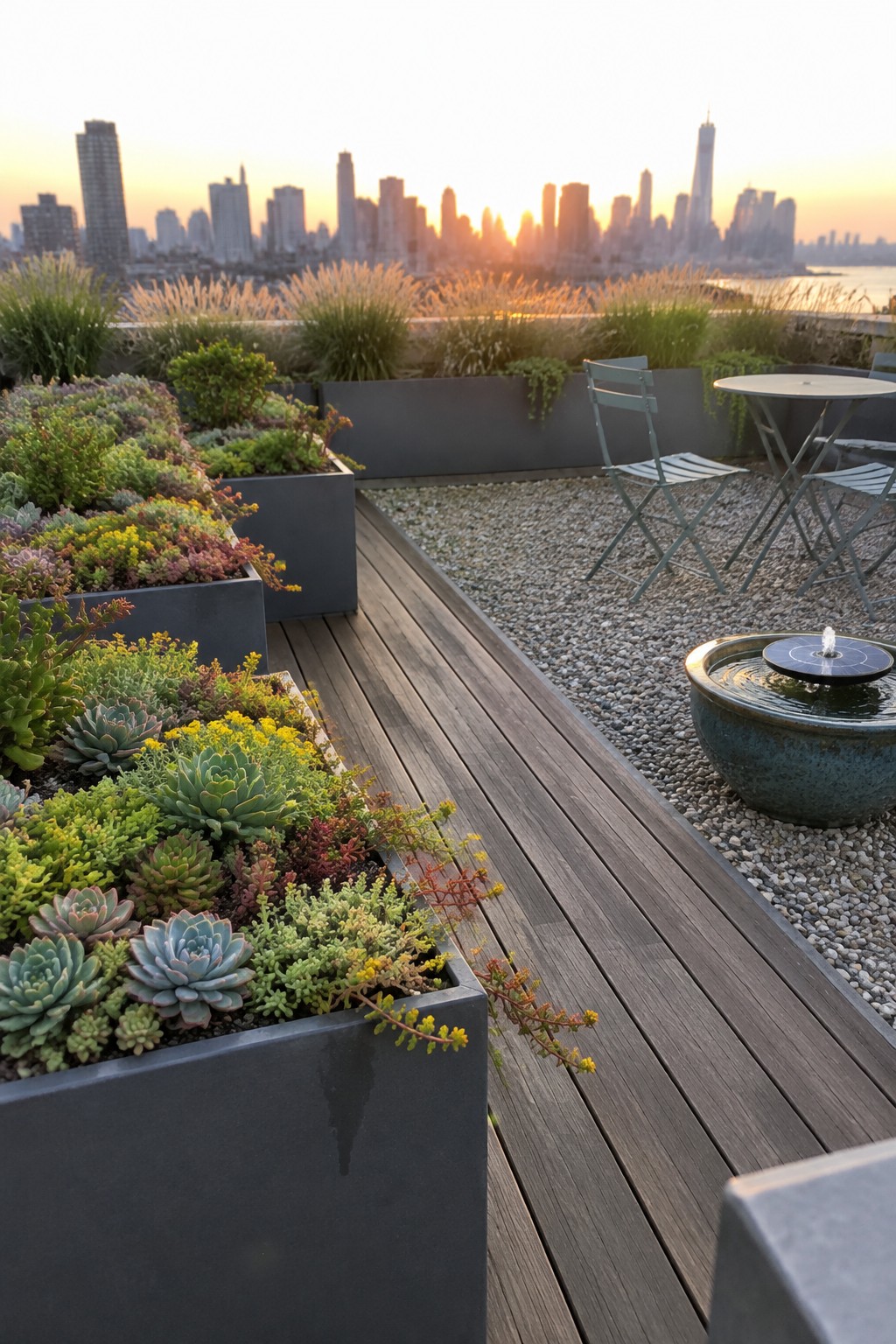 Rooftop terrace with succulent planters, wooden deck, fountain, and skyline at sunset