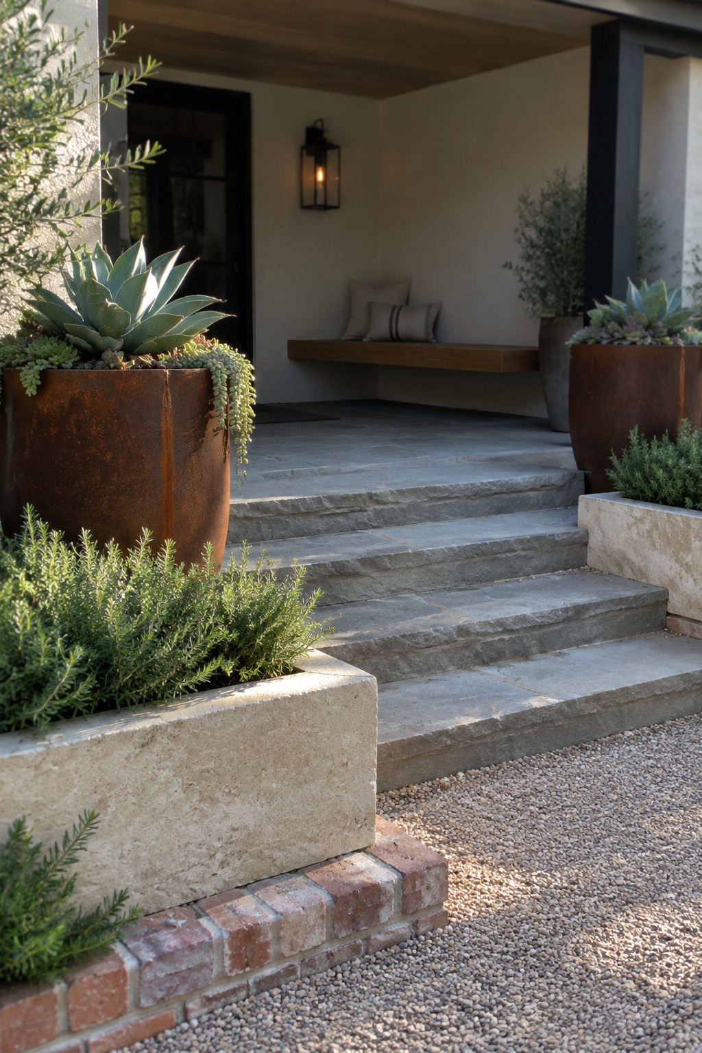 Stone steps with rusted planters, succulents, floating bench, and gravel path.