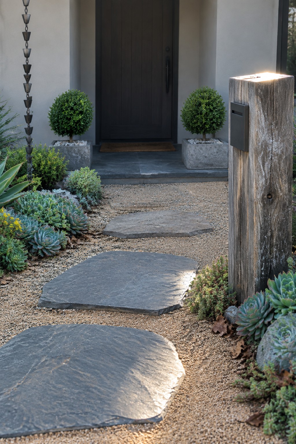 A gravel pathway with large flat stepping stones leads to a dark front door, bordered by succulents and small rounded shrubs in concrete planters.