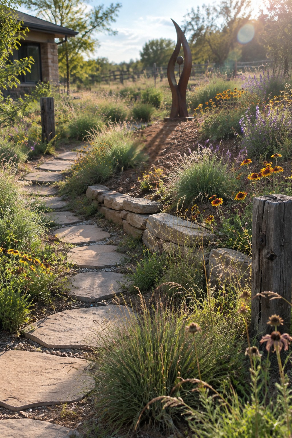 A winding path of irregular stone pavers runs through grasses and wildflowers toward a metal sculpture in a rural garden.