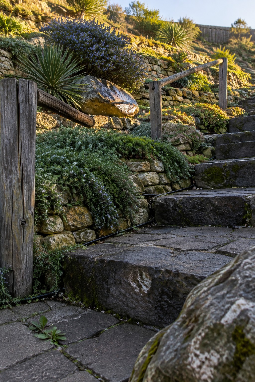 A stone staircase with wooden railings ascends a terraced hillside lined with retaining walls and drought-tolerant shrubs and ground covers.