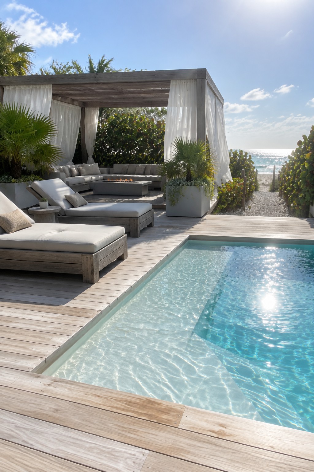 A rectangular pool with turquoise water beside a wooden deck that holds two lounge chairs and a large cabana with white curtains, seating, and a fire pit, with the ocean visible in the background.