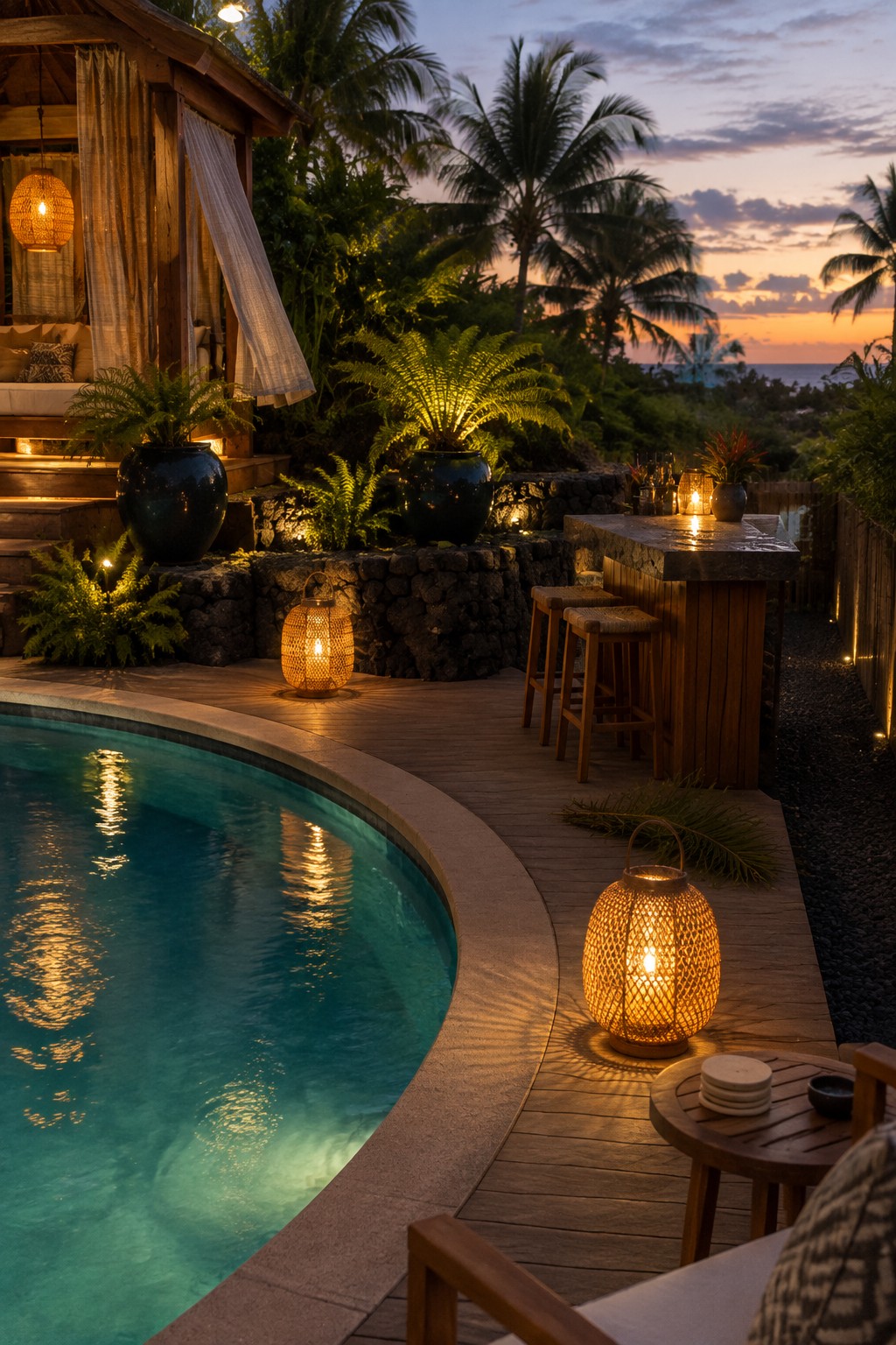 A curved swimming pool at dusk with a wooden bar and two stools on the deck, potted ferns, and several woven lanterns providing warm light.