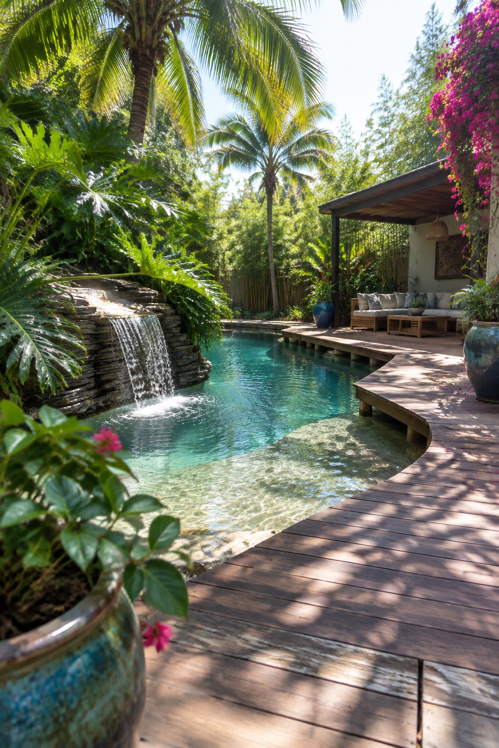 A backyard pool with a stone waterfall on the left side, clear turquoise water, a curved wooden deck along the right edge, and dense tropical plants and palm trees around the area.